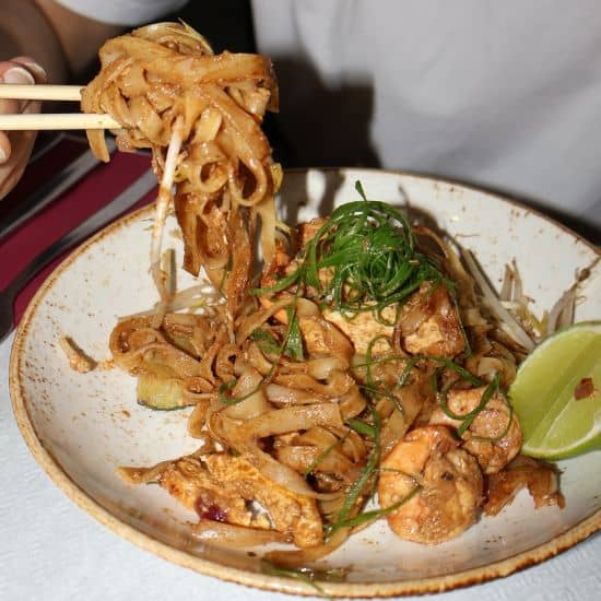 Pad Thai up close – Asian food - Stir-fried noodles with egg, bean sprouts, peanuts, and sauce